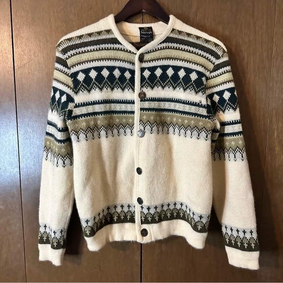 Vintage 60s Norvyk by Renoir Men's Wool Sweater Cream Tan Made in Canada Sz M - Picture 2 of 10